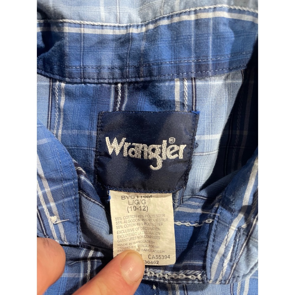 Wrangler Boys Size L 10-12 Blue Plaid Western Snap Shirt Long Sleeve Pearl Snap - Picture 4 of 6